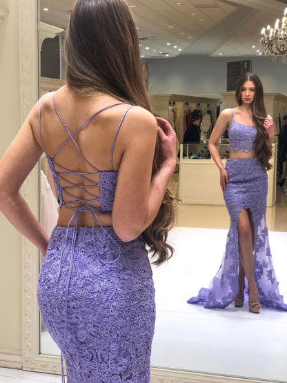 Purple two pieces lace long prom dress, purple lace evening dress