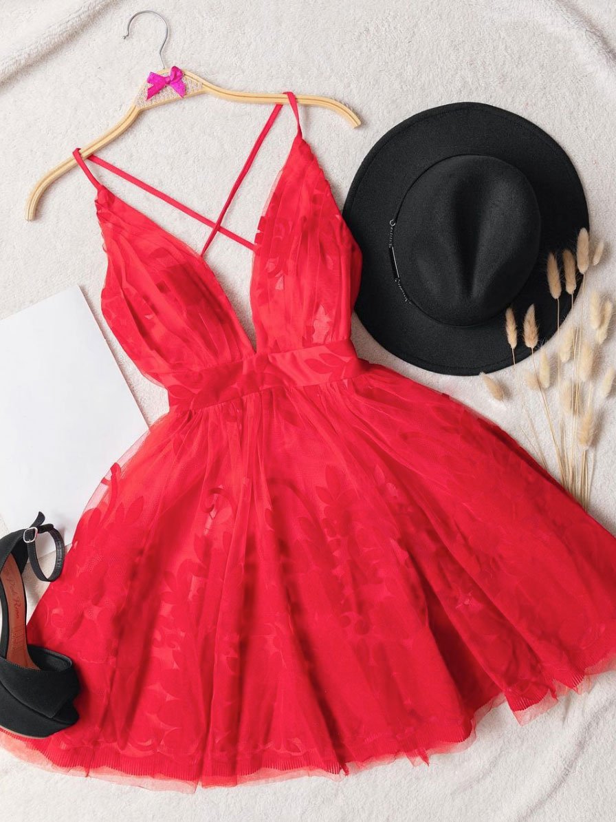 Red v neck tulle lace short prom dress,Mini homecoming dress cocktail dress