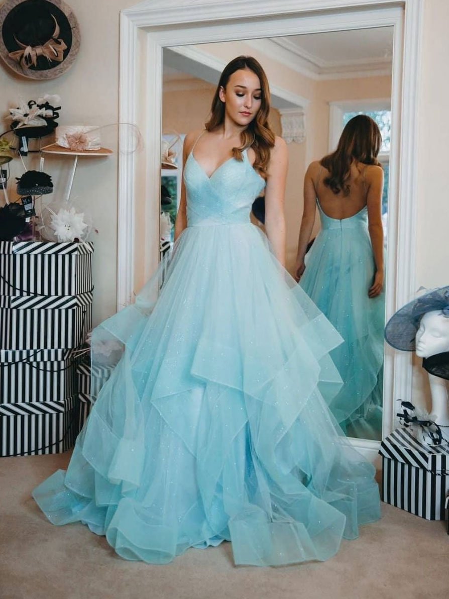 Simple blue tulle long prom dress, tulle formal dress