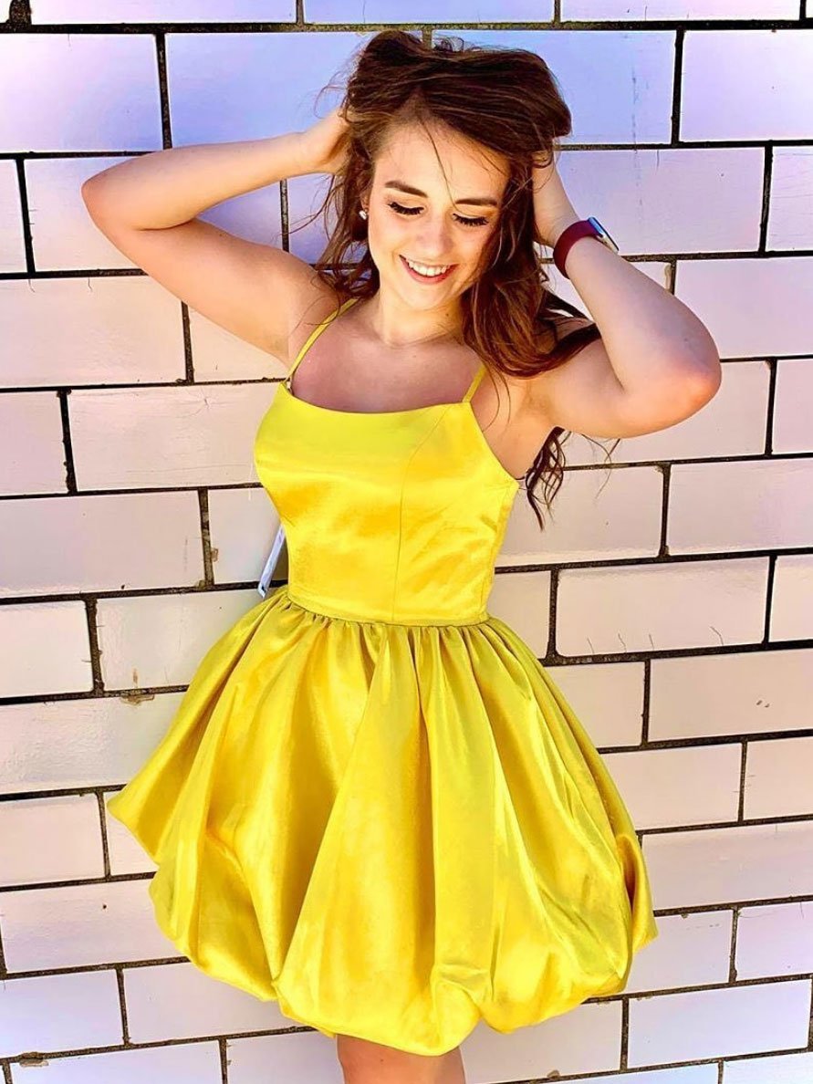 Simple yellow satin short cocktail dresses,yellow homecoming dress