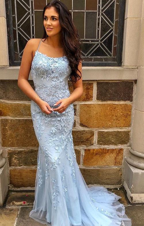 Mermaid Light Sky Blue Long Floral Prom Dresses, Backless Tulle Formal Gown