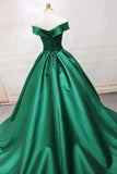 Long Green Satin V-neck Ball Gowns Prom Dresses Off The Shoulder