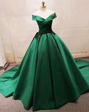 Long Green Satin V-neck Ball Gowns Prom Dresses Off The Shoulder