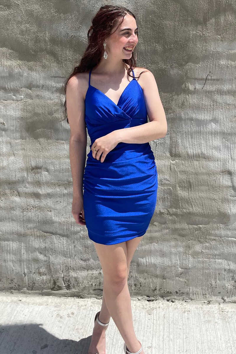 Royal Blue Ruched Short Homecoming Dress Silk Hoco Dress – jkprom