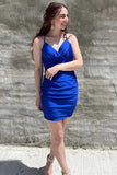 Royal Blue Surplice Ruched Short Homecoming Dress Silk Hoco Dress