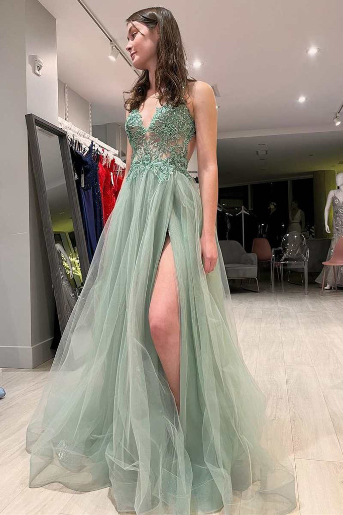Sage Green Strapless Floral A-line Long Prom Dress with Slit main image 1