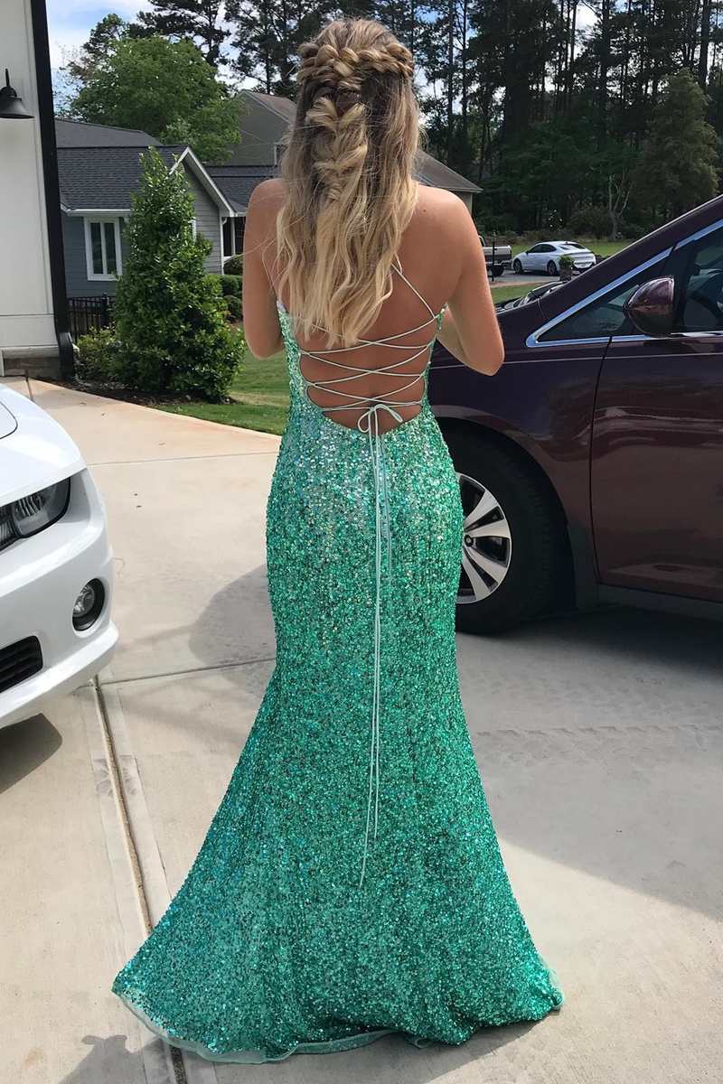 Turquoise Sequin Lace-Up Back Mermaid Long Formal Dress with Slit