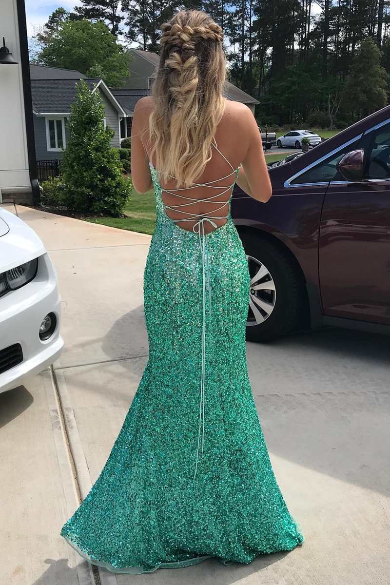 Turquoise Sequin Lace-Up Mermaid Long Formal Dress with Slit jkprom Turquoise Sequin Lace-Up Mermaid Long Formal Dress with Slit jkprom