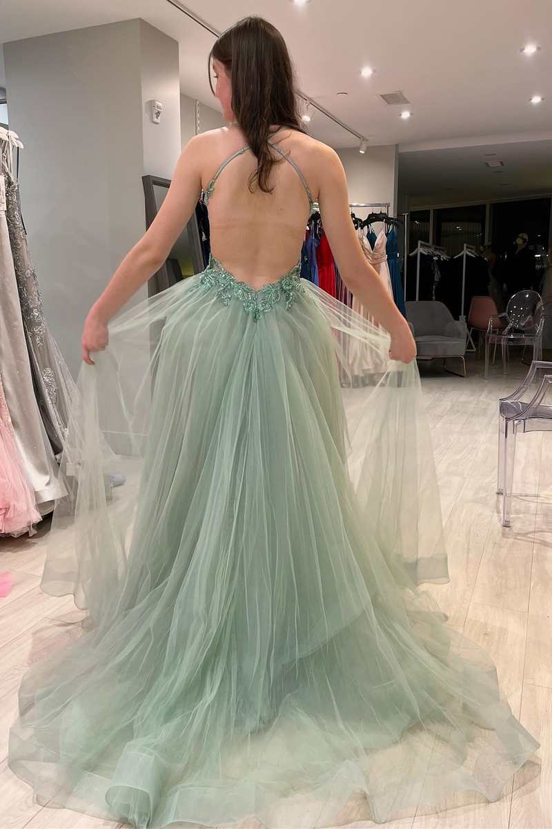 A Line V Neck Sage Green Lace Prom Dresses, Green Lace Formal Gradution  Dresses