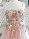 Pink tulle lace long prom dress, pink lace long evening dress
