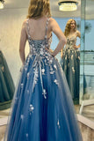 3D Floral Lace V Neck Lace-Up Back A-Line Prom Dress Birthday Gown