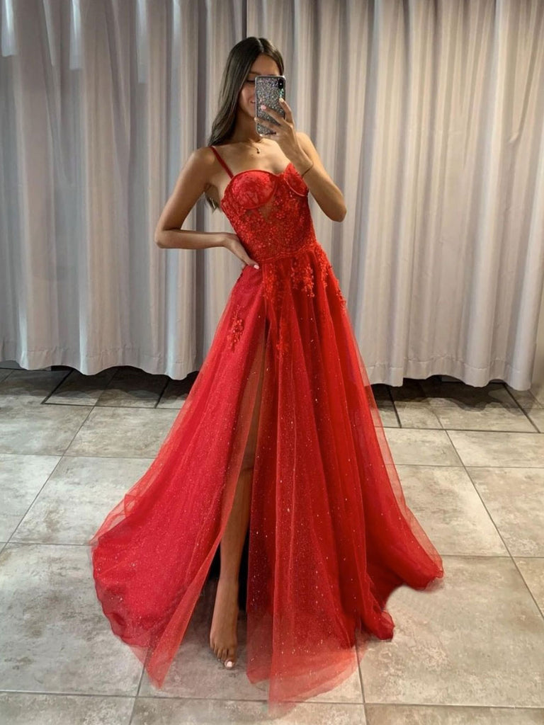 Spaghetti Straps Sleeveless Red Tulle Split Side Long Prom Dresses With Lace,Maxi Dress