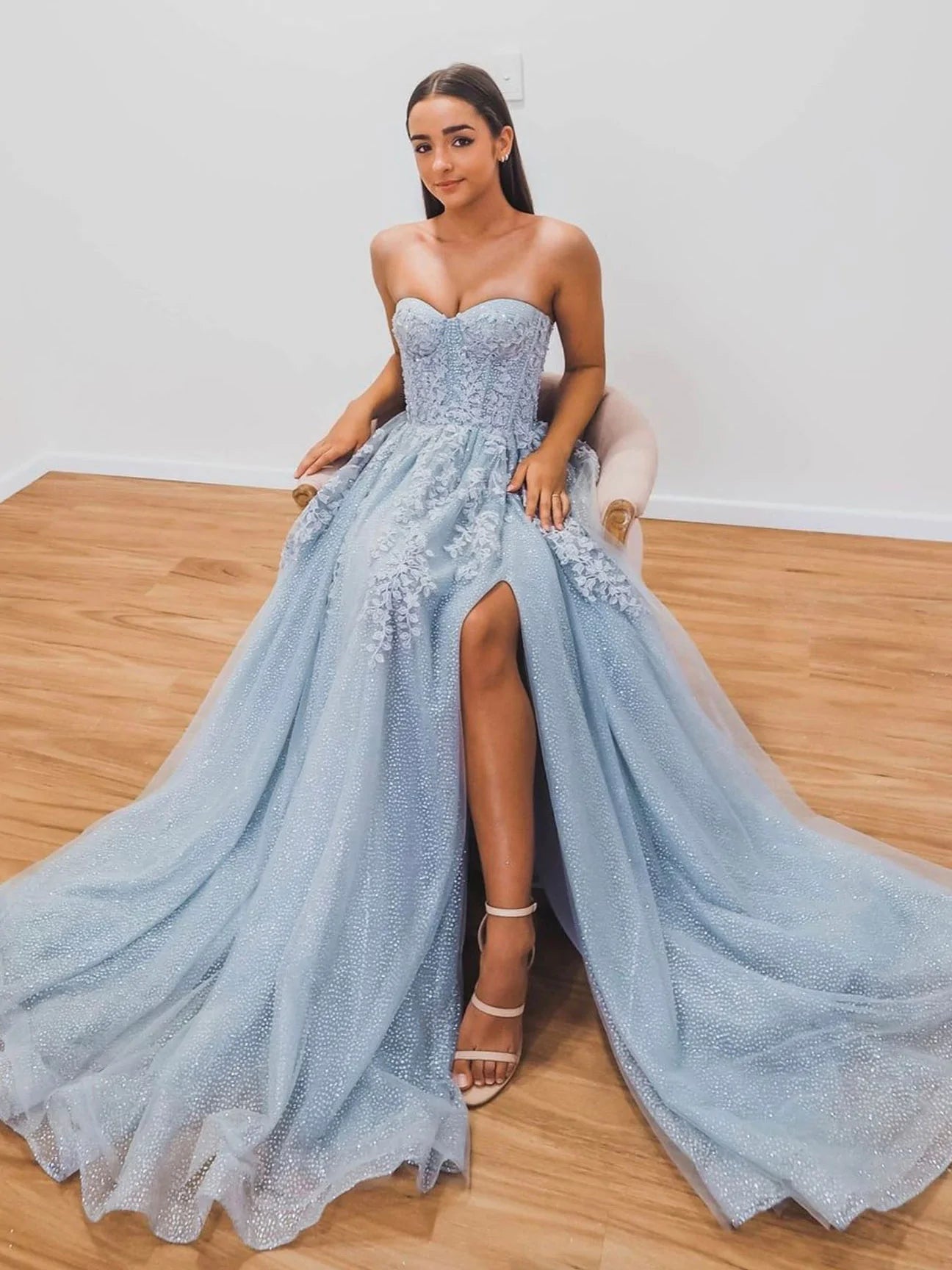 Gray Blue Tulle Sequin Long Prom Dress,Front Slit Graduation Holiday Dresses