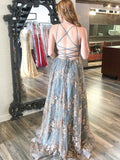 Gray blue v neck tulle lace long prom dress, lace evening dress