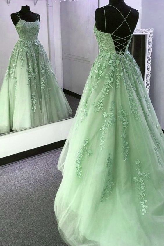 Green Prom Dresses Long A line Tulle Formal Evening Dress