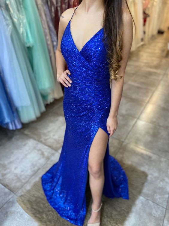 Royal Blue Mermaid Spaghetti Straps Long Prom Dress,Sequin Modest Formal Dresses with Slit