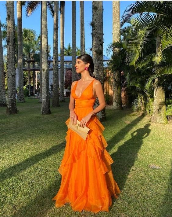 Orange Long Prom Dresses,V Neck Formal Dress Outfits – jkprom