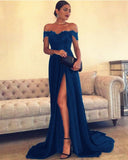 Sexy Leg Slit Long Satin Sweetheart Prom Dresses Lace Off The Shoulder Evening Gowns
