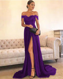 Sexy Leg Slit Long Satin Sweetheart Prom Dresses Lace Off The Shoulder Evening Gowns