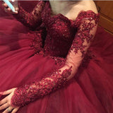 Burgundy Lace Appliques Long Sleeves Tulle Ball Gowns Prom Dresses