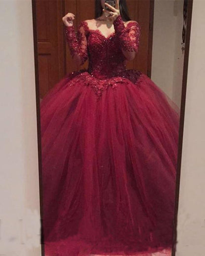 Burgundy Lace Appliques Long Sleeves Tulle Ball Gowns Prom Dresses
