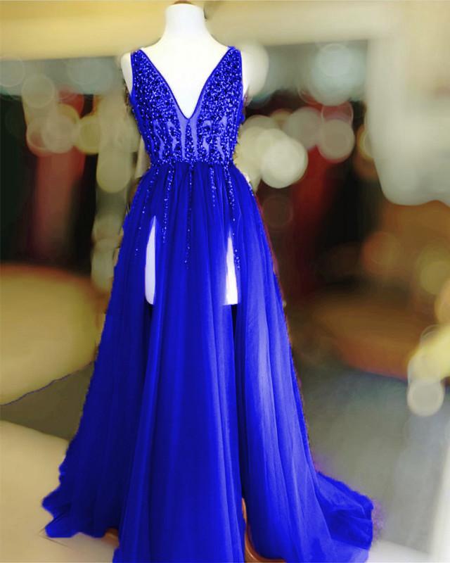 Long Tulle V-neck Prom Dresses Sequin Beaded Evening Gowns