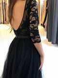 Black round neck tulle lace long prom dress, black evening dress
