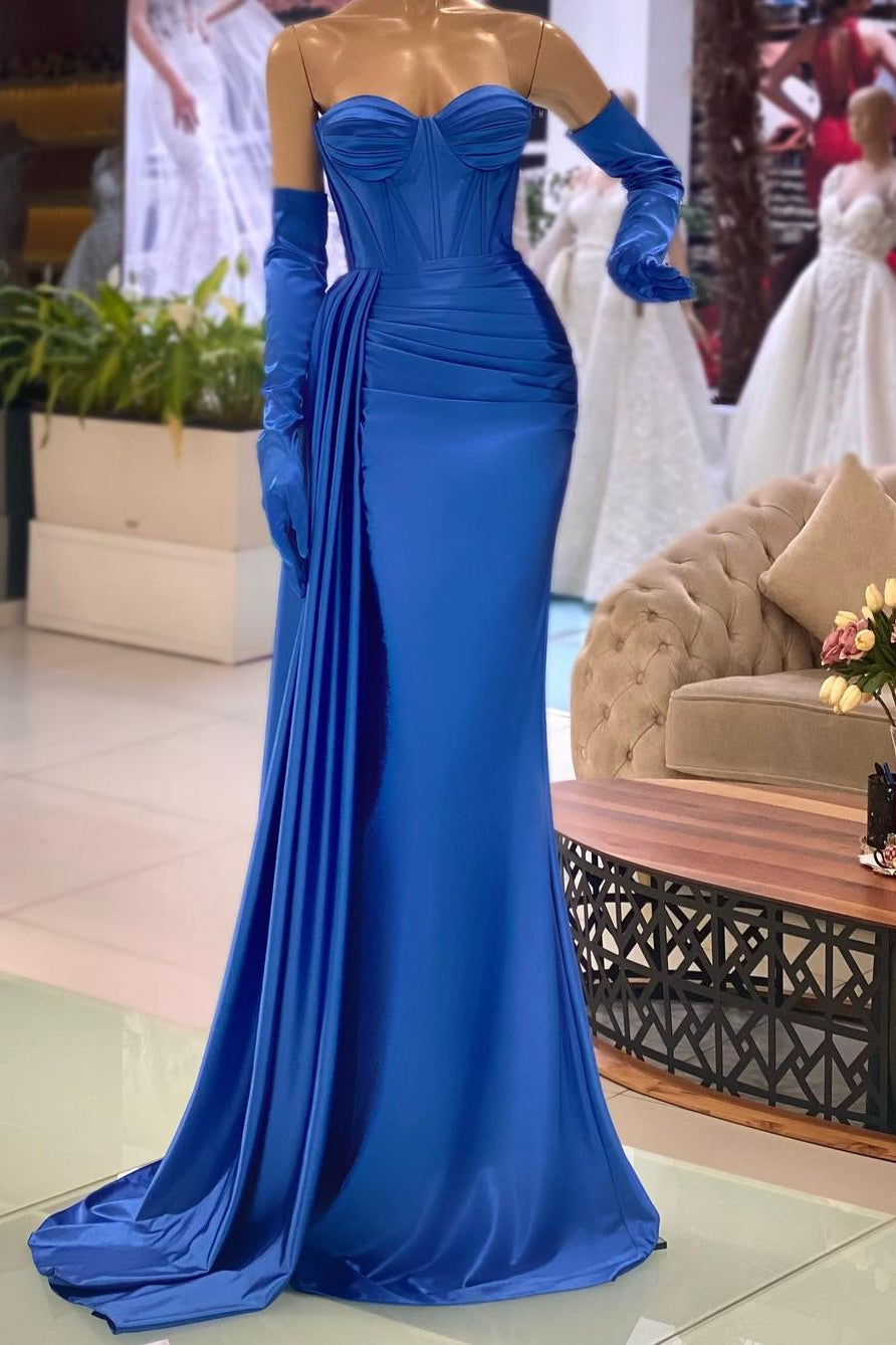 Elegant Sweetheart Simple Blue Long Mermaid Prom Dress With Gloves