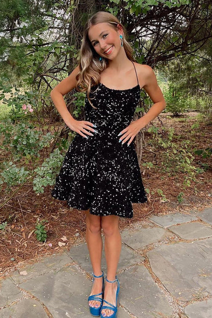 A Line Scoop Neck Black Sequins Short Homecoming Dress