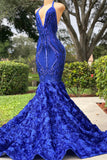 Long Royal Blue Mermaid Prom Dresses V Neck Open Backs