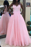 Pink Sleeveless Prom Dresses Sparkle V-neck Long Formal Gown