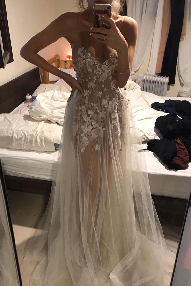 See-Through Lace Appliques Tulle Long Prom Dress,Formal Dresses Sexy Formal Gown