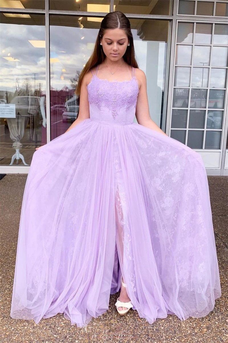 Spaghetti Straps Tulle Lilac Prom Dress,Formal Dresses Backless Formal Evening Dress With Lace