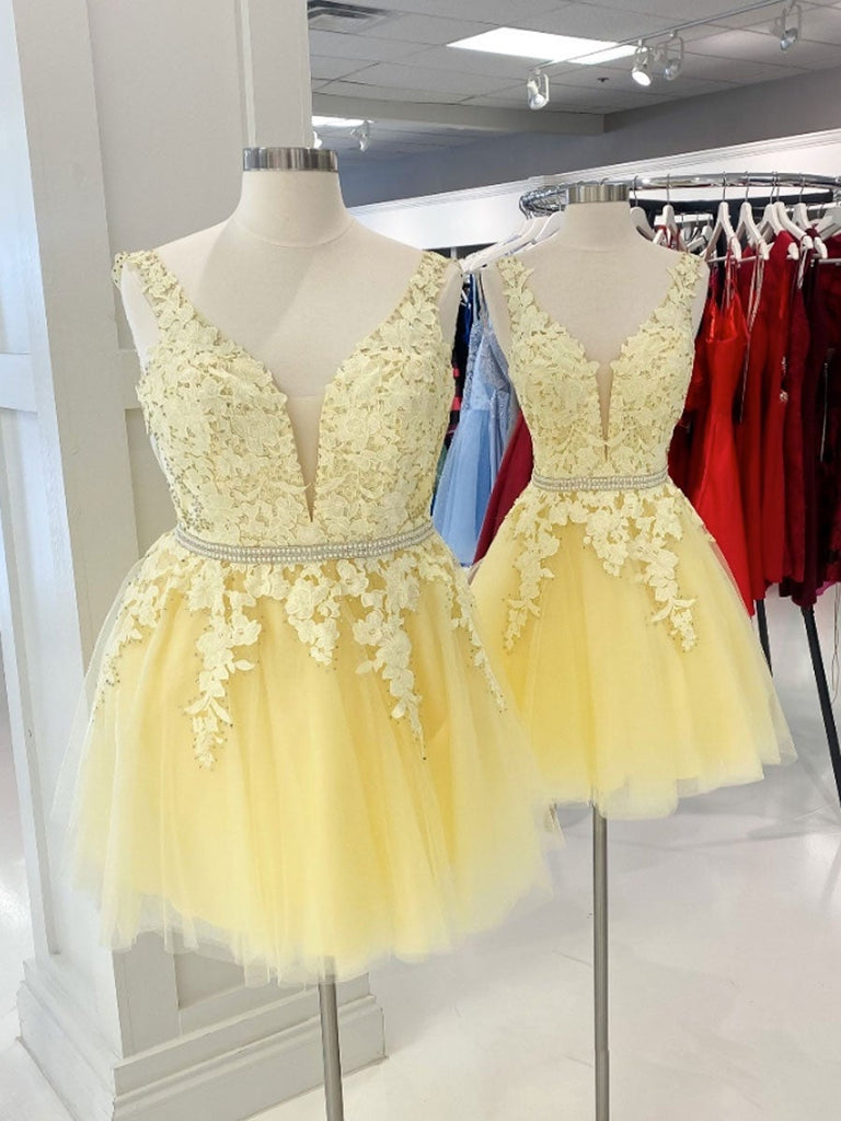 Yellow v neck tulle lace short prom dress, yellow homecoming dress – jkprom