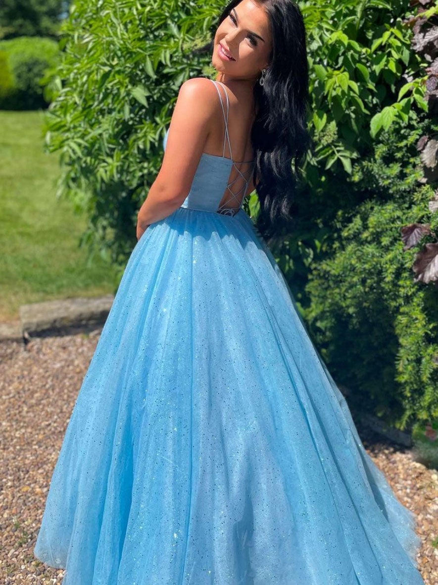 Simple v neck blue tulle sequin long prom dress, blue evening dress