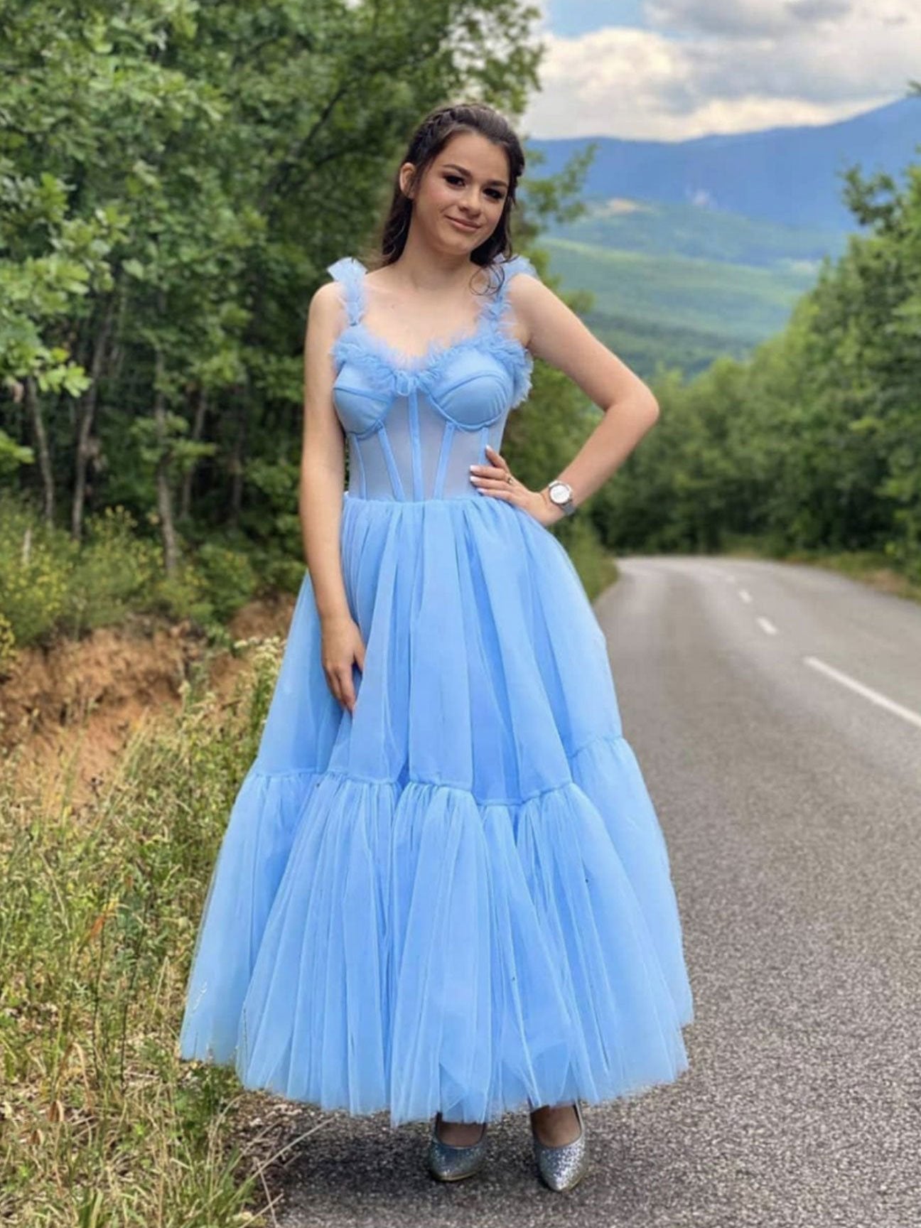 Blue sweetheart neck tulle tea length prom dress, blue homecoming dress