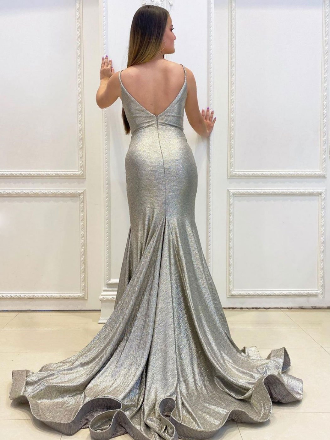 Simple gray v neck mermaid long prom dress, mermaid evening dress