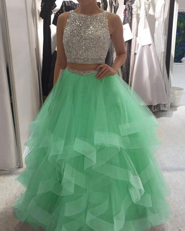 Sparkly Sequins Beaded Organza Layered Ball Gowns Prom Dresses Two Piece