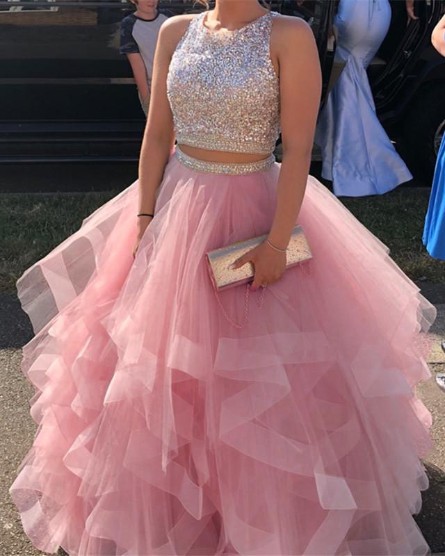 Sparkly Sequins Beaded Organza Layered Ball Gowns Prom Dresses Two Piece