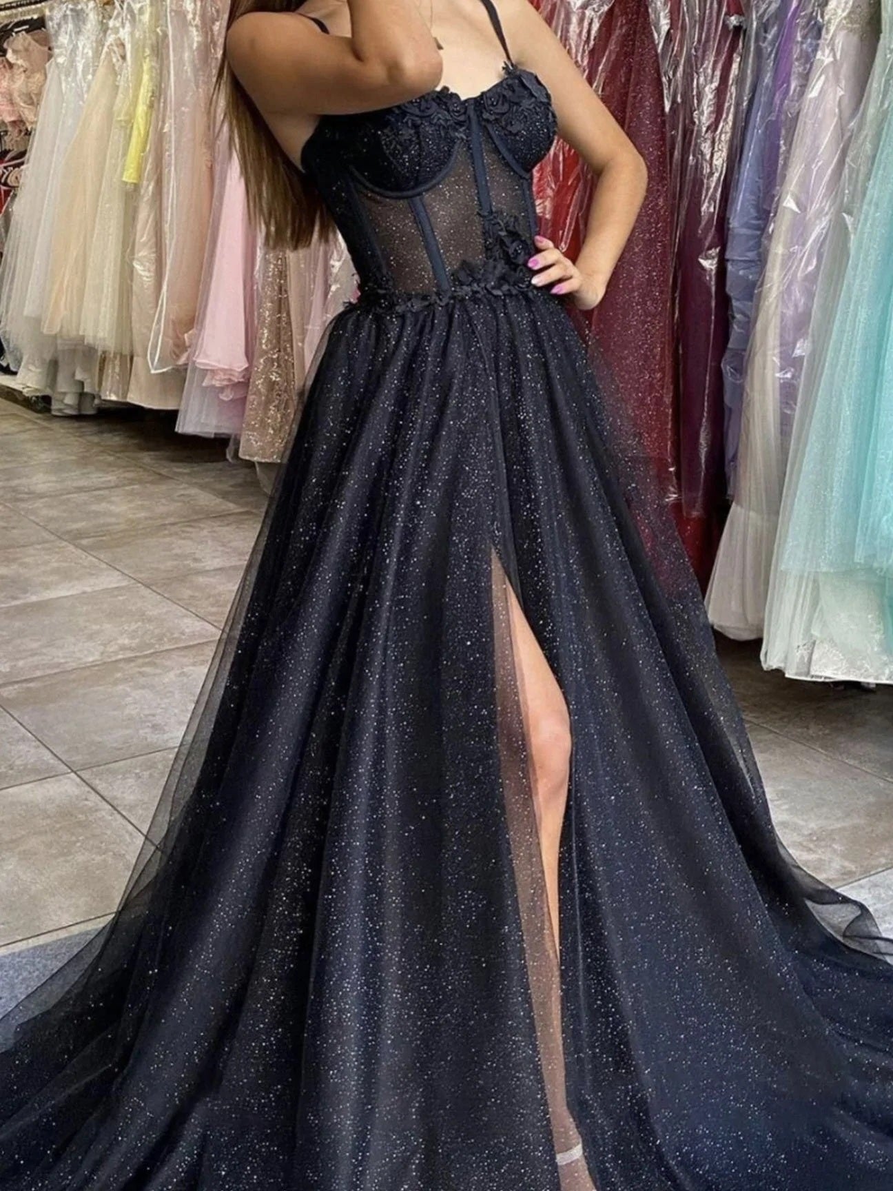 Black sweetheart neck tulle long prom dress,black tulle evening dress