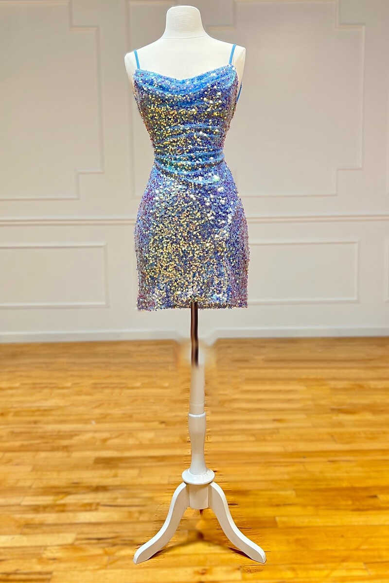 Blue Iridescent Bodycon Mini Cocktail Dress with Sequins
