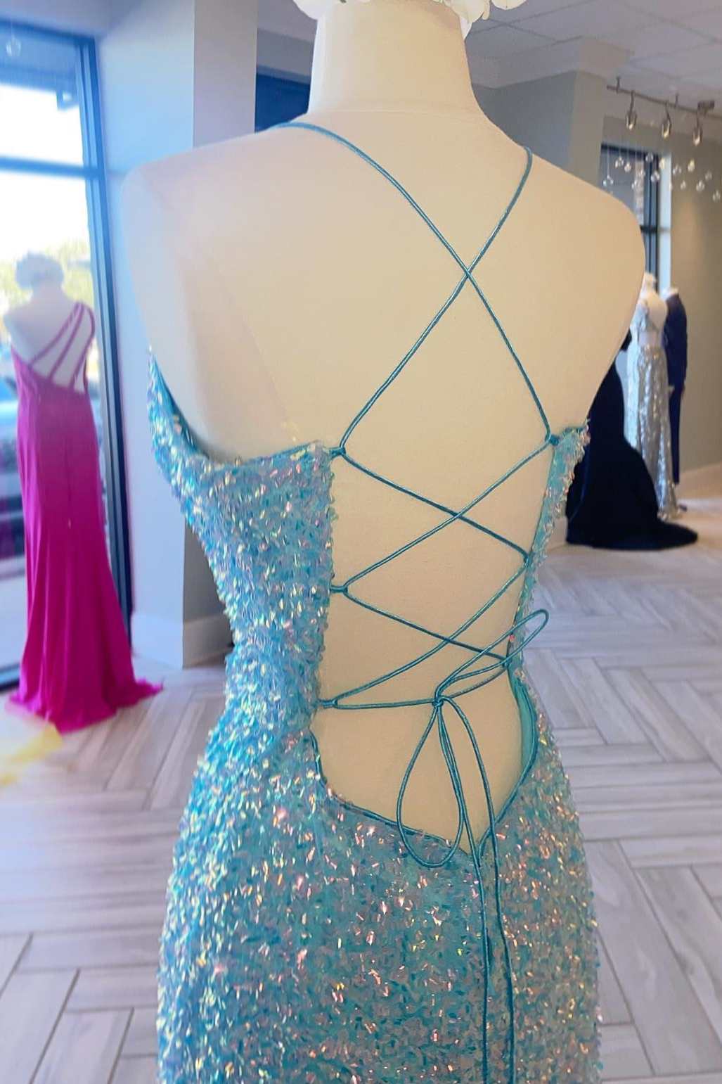 Light Blue Iridescent Sequin Lace-Up Prom Dress with Slit jkprom Light Blue Iridescent Sequin Lace-Up Prom Dress with Slit jkprom