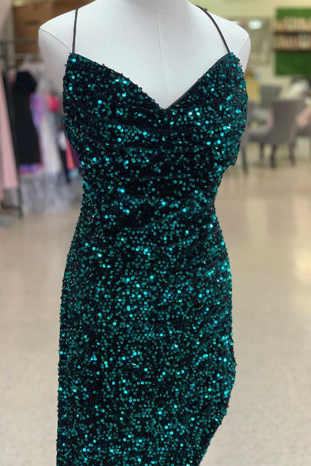 Red Sequin Cowl Neck Mermaid Prom Dress,Green Evening Gown
