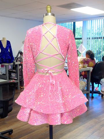 Pink Cocktail Dresses A-Line V-Neck Long Sleeve Shiny Sequin Homecoming Dresses