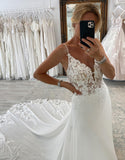 Dream White Chiffon Boho A-Line Wedding Dress with Lace