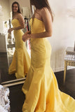 Elegant Mermaid Yellow Strapless Satin Long Prom Evening Dresses Classy