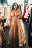 Sparkly A-Line Floor Length Gold Long Prom Dress,Party Dresses for Wedding