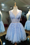 Backless Light Blue Lace Applique Short Homecoming Dresses