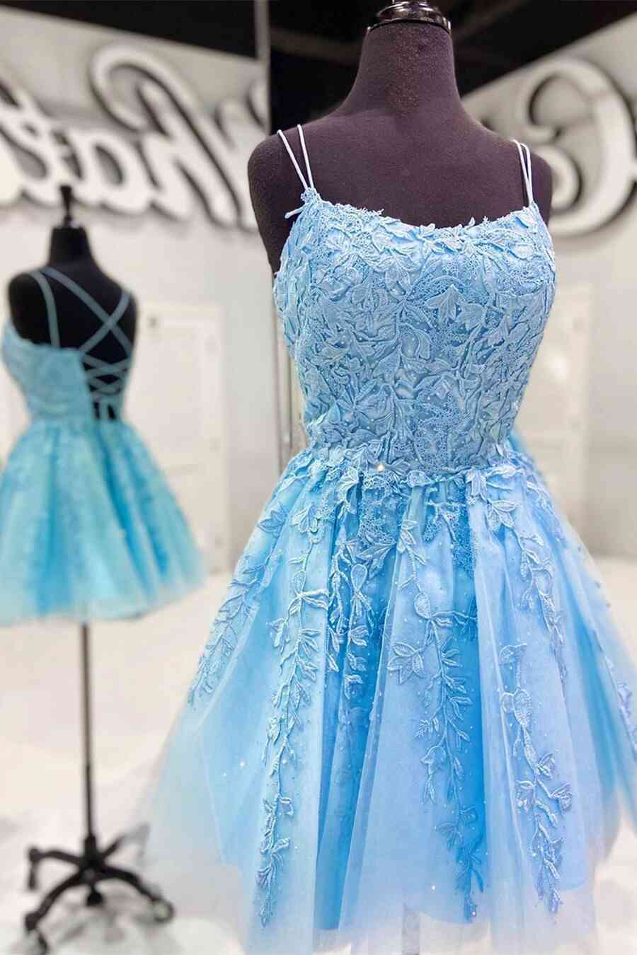 Straps Lace Applique Blue Homecoming Dress,Fuchsia Cocktail Dresses