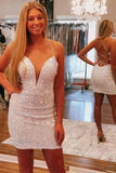 Spaghetti Straps Sequins White Short Homecoming Dresses,Sparkly Bodycon Dress
